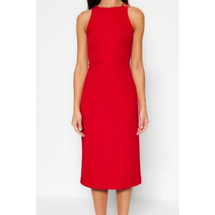 Fashion Regular Day Night Finike Woven Halter Neck Sleeveless Sleeve Bodycone Midi Length Dress