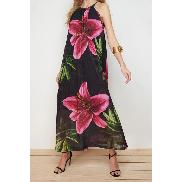 Fashion Comfortable Casual Daily Foam Fabric Knitted Halter Neck Sleeveless Sleeve A-Line Maxi Length Dress