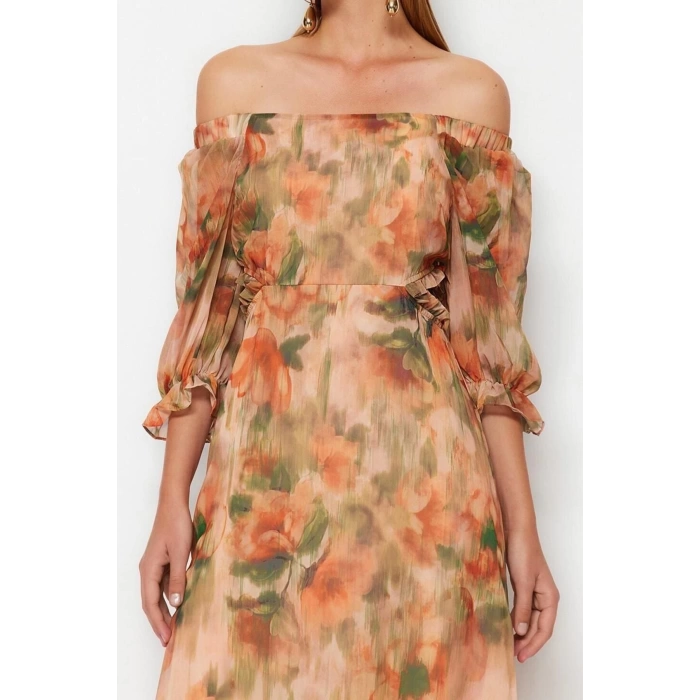 Fashion Regular Day Night Chiffon Woven Carmen Collar Three Quarter Sleeve A-Line Maxi Length Dress