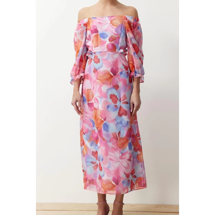 Fashion Regular Day Night Chiffon Woven Carmen Collar Three Quarter Sleeve A-Line Maxi Length Dress