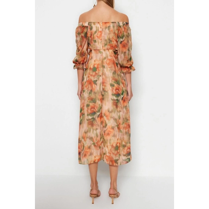 Fashion Regular Day Night Chiffon Woven Carmen Collar Three Quarter Sleeve A-Line Maxi Length Dress