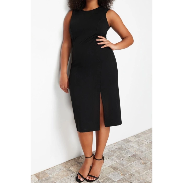 Fashion Slim Casual Daily Interlock Knitted Crew Neck Sleeveless Sleeve Shift Midi Length Plus Size Dress