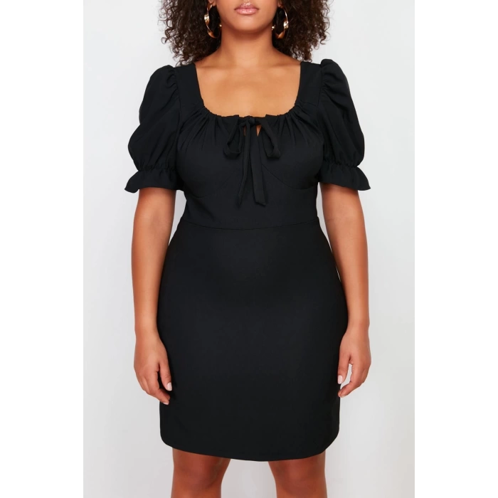 Fashion Fit Stylish Evening Dress Finike Woven Heart Neck Short Sleeve A-Line Mini Length Plus Size Dress