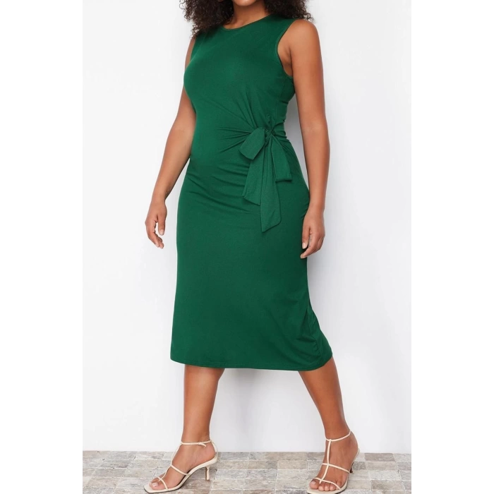 Moda Slim Casual Günlük Süprem Örme Bisiklet Yaka Kolsuz Kol Shift Midi Boy Büyük Beden Elbise