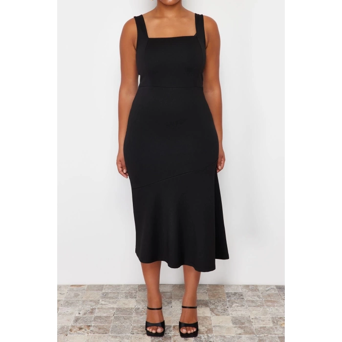 Moda Fit Casual Günlük İnterlok Örme Kare Yaka Askılı Kol Bodycone Midi Boy Büyük Beden Elbise