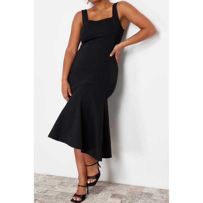 Moda Fit Casual Günlük İnterlok Örme Kare Yaka Askılı Kol Bodycone Midi Boy Büyük Beden Elbise