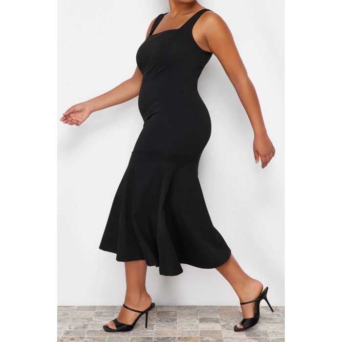 Moda Fit Casual Günlük İnterlok Örme Kare Yaka Askılı Kol Bodycone Midi Boy Büyük Beden Elbise