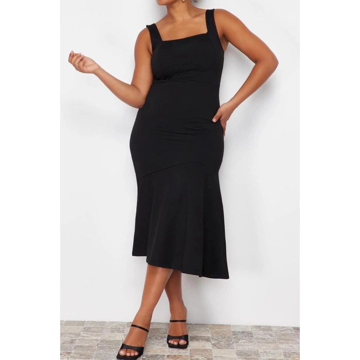Moda Fit Casual Günlük İnterlok Örme Kare Yaka Askılı Kol Bodycone Midi Boy Büyük Beden Elbise
