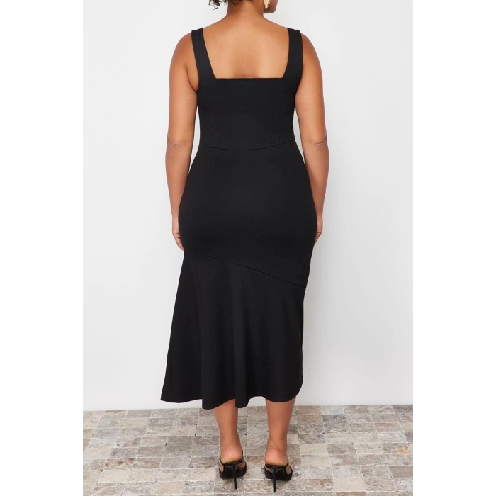Moda Fit Casual Günlük İnterlok Örme Kare Yaka Askılı Kol Bodycone Midi Boy Büyük Beden Elbise