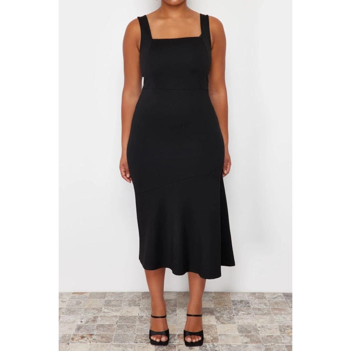 Moda Fit Casual Günlük İnterlok Örme Kare Yaka Askılı Kol Bodycone Midi Boy Büyük Beden Elbise
