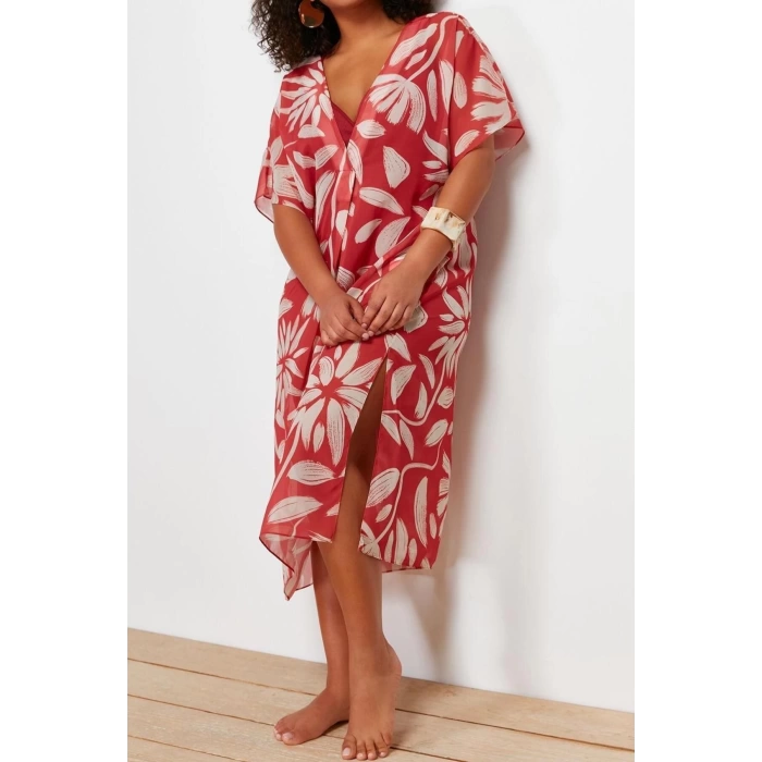 Fashion Oversize Beach Casual Chiffon Woven V Neck Short Sleeve Basic Midi Length Plus Size Dress