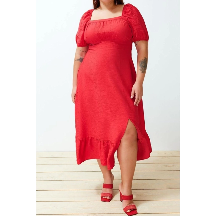 Fashion Comfortable Casual Daily Shally Woven Square Neck Short Sleeve Ruffle Skirt Maxi Length Plus Size Dress