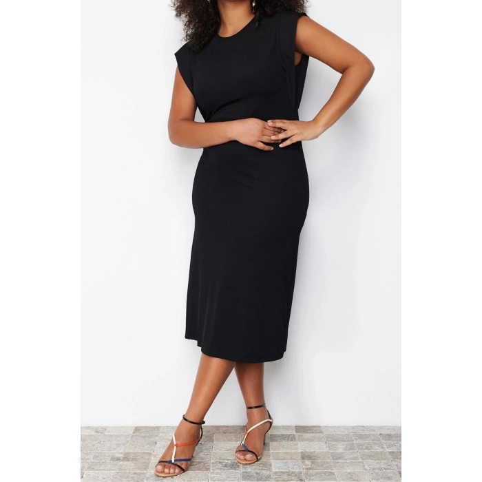 Moda Slim Casual Günlük İnterlok Örme Bisiklet Yaka Kısa Kol Shift Midi Boy Büyük Beden Elbise