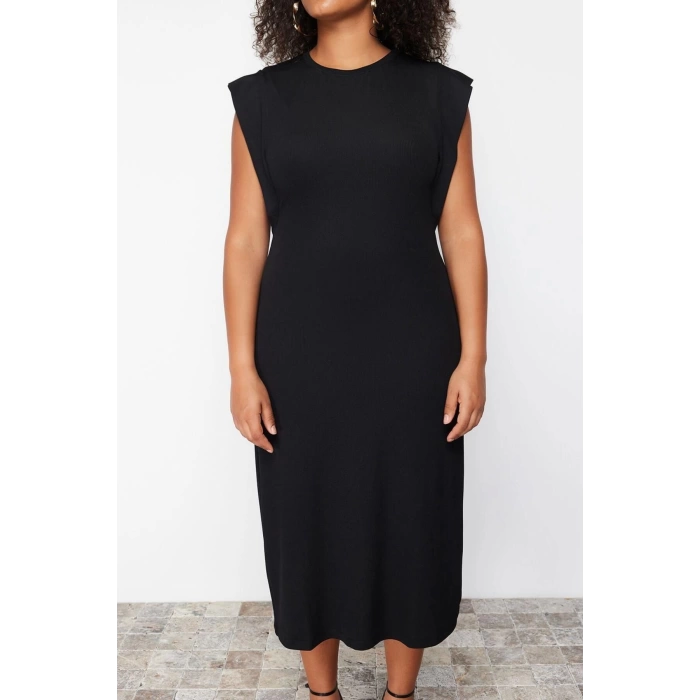Moda Slim Casual Günlük İnterlok Örme Bisiklet Yaka Kısa Kol Shift Midi Boy Büyük Beden Elbise