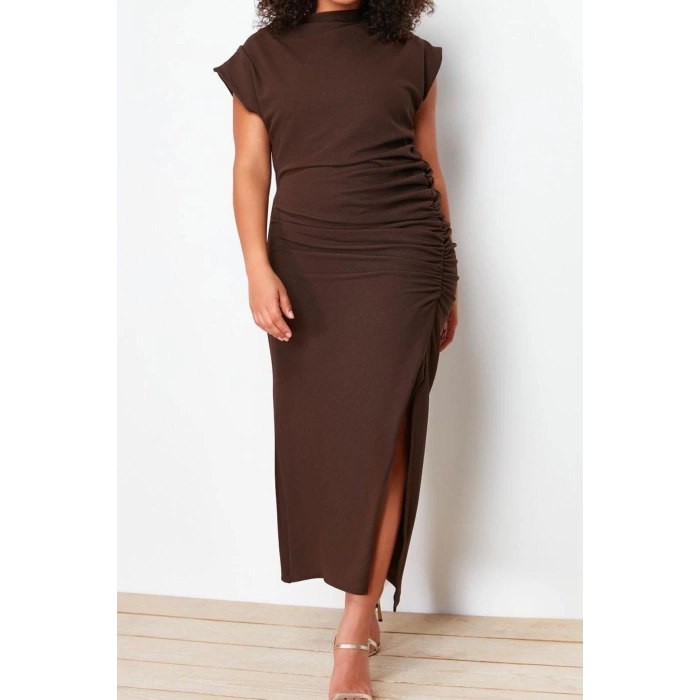 Moda Büyük Beden Abiye Krep Örme Dik Yaka Kolsuz Kol Bodycone Midi Boy Büyük Beden Elbise