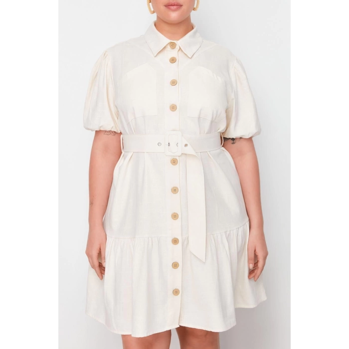 Fashion Casual Daily Linen Look Woven Stand Collar Long Sleeve Shirt Dress Midi Length Plus Size Dress