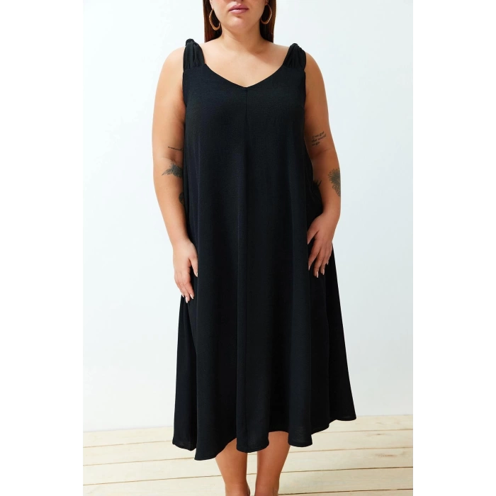 Fashion Comfortable Casual Daily Aerobin Woven V Neck Strappy Sleeve Shift Midi Length Plus Size Dress