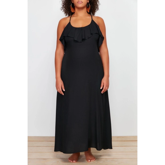 Fashion Casual Beach Daily Shally Woven V Neck Strap Sleeve Basic Maxi Length Plus Size Dress