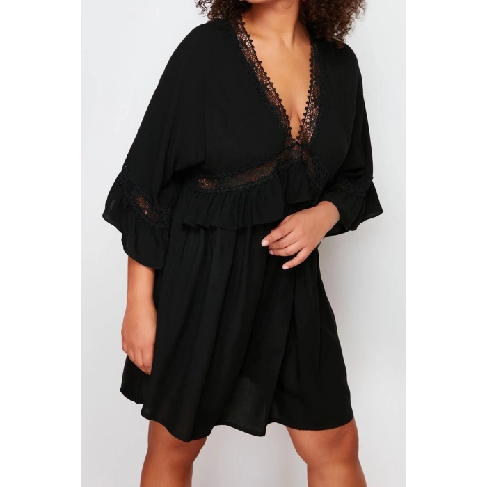 Fashion Fit Beach Casual Crinkle Woven V Neck Three Quarter Sleeve Basic Mini Length Plus Size Dress