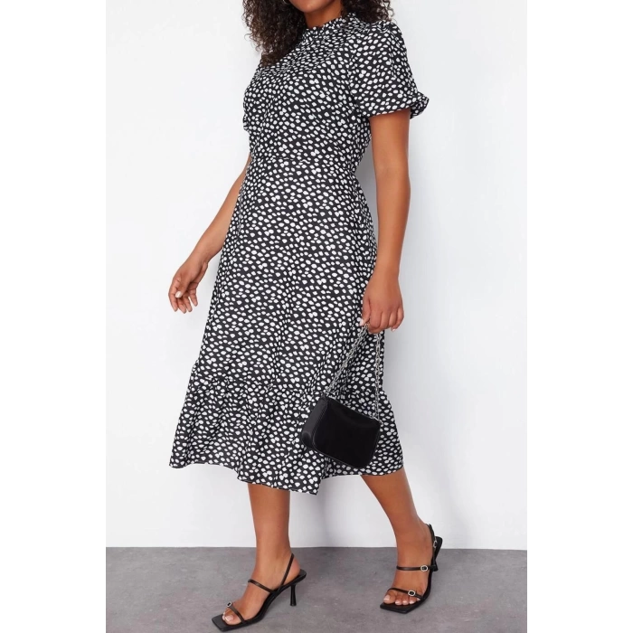 Fashion Fit Casual Daily Moss Crepe Woven Stand Collar Three Quarter Sleeve A-Line Midi Length Plus Size Dress