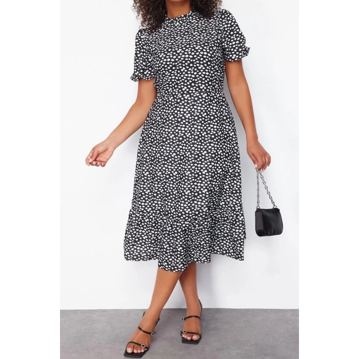Fashion Fit Casual Daily Moss Crepe Woven Stand Collar Three Quarter Sleeve A-Line Midi Length Plus Size Dress