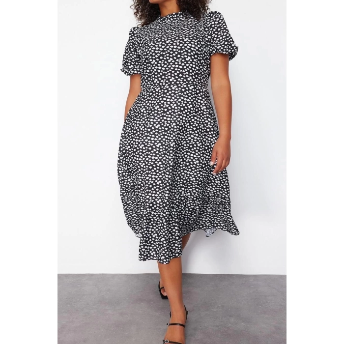 Fashion Fit Casual Daily Moss Crepe Woven Stand Collar Three Quarter Sleeve A-Line Midi Length Plus Size Dress