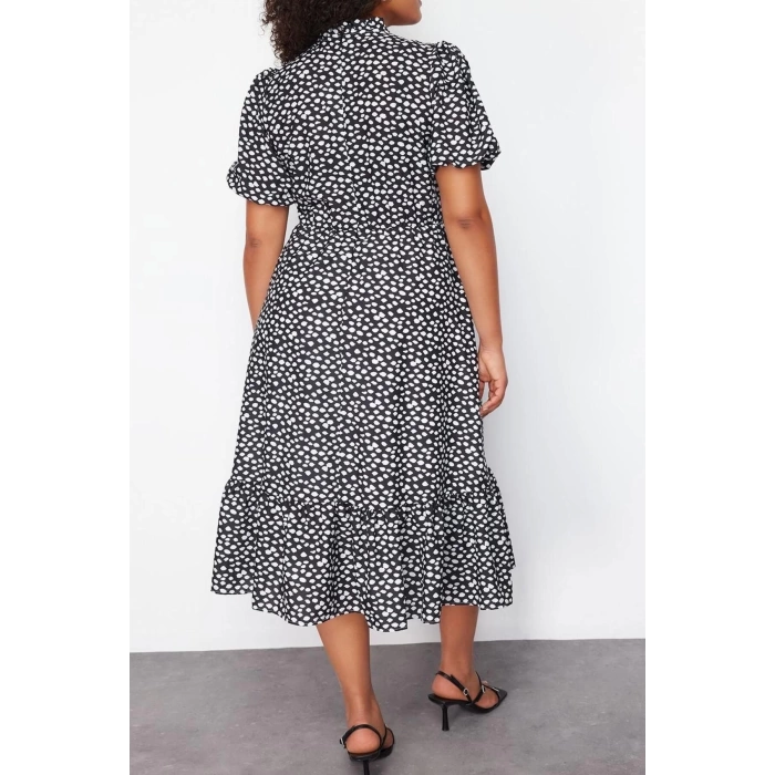 Fashion Fit Casual Daily Moss Crepe Woven Stand Collar Three Quarter Sleeve A-Line Midi Length Plus Size Dress