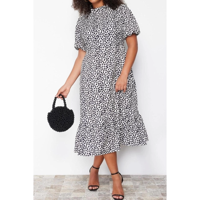 Fashion Fit Casual Daily Moss Crepe Woven Stand Collar Three Quarter Sleeve A-Line Midi Length Plus Size Dress