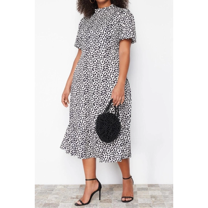 Fashion Fit Casual Daily Moss Crepe Woven Stand Collar Three Quarter Sleeve A-Line Midi Length Plus Size Dress