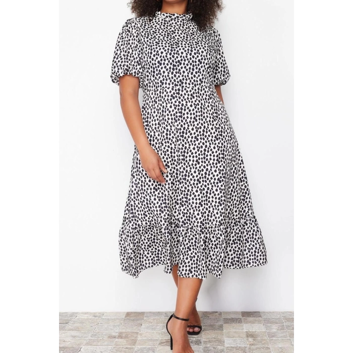 Fashion Fit Casual Daily Moss Crepe Woven Stand Collar Three Quarter Sleeve A-Line Midi Length Plus Size Dress