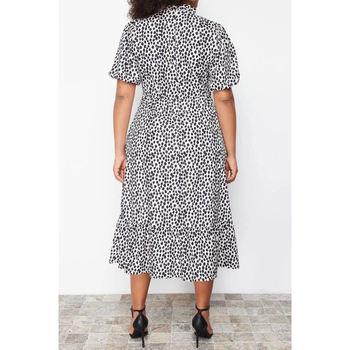 Fashion Fit Casual Daily Moss Crepe Woven Stand Collar Three Quarter Sleeve A-Line Midi Length Plus Size Dress