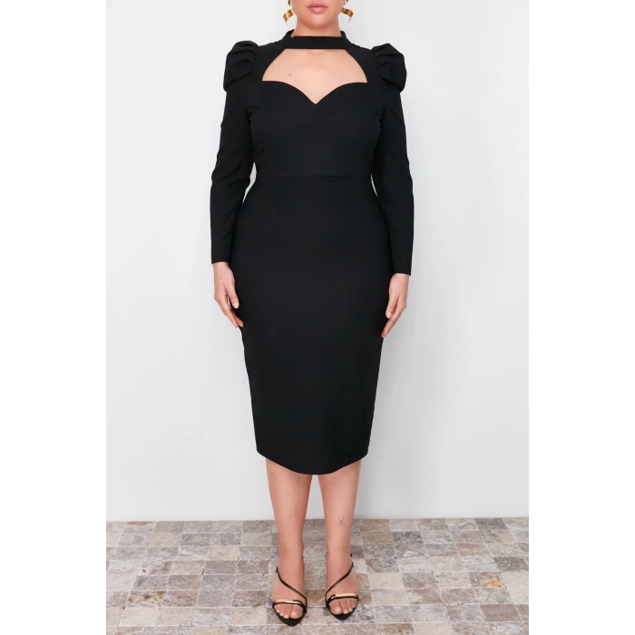 Moda Fit Cocktail Finike Woven Stand Collar Long Sleeve Wrap Midi Length Plus Size Dress