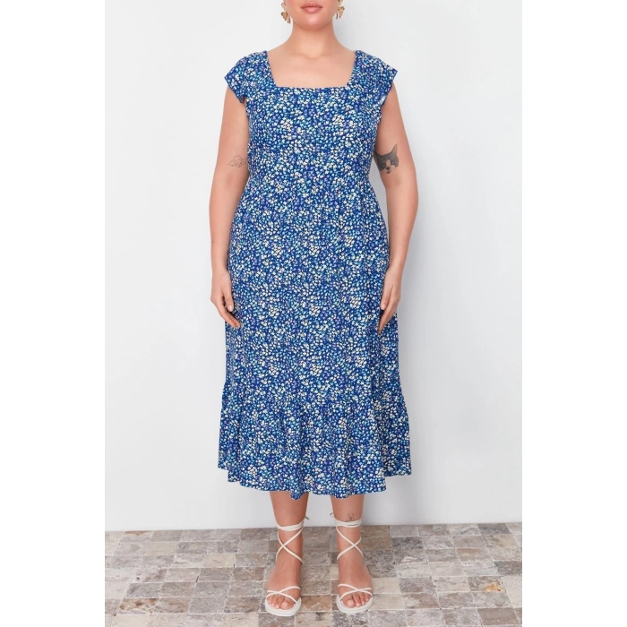 Moda Fit Casual Günlük Shally Dokuma Kare Yaka Askısız Kol A-Line Midi Boy Büyük Beden Elbise