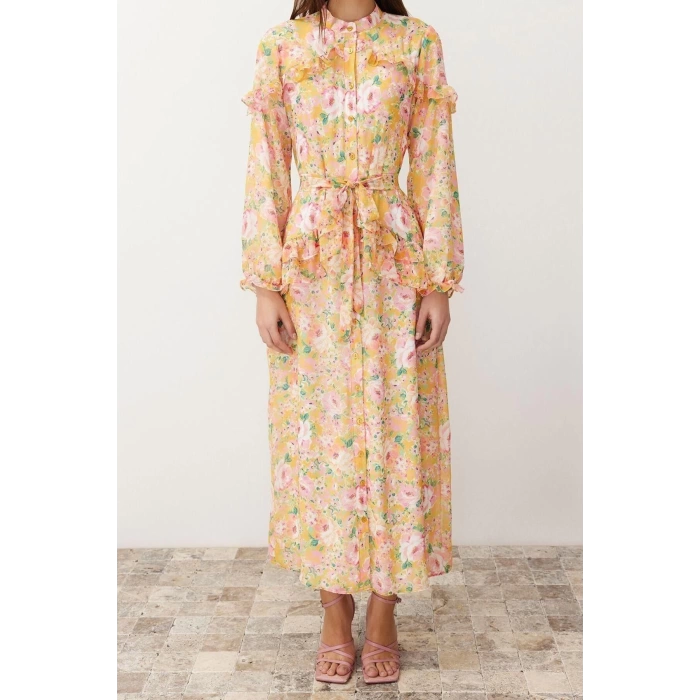 Fashion Regular Casual Daily Chiffon Woven Stand Collar Long Sleeve Skirt Ruffle Maxi Length Hijab Dress