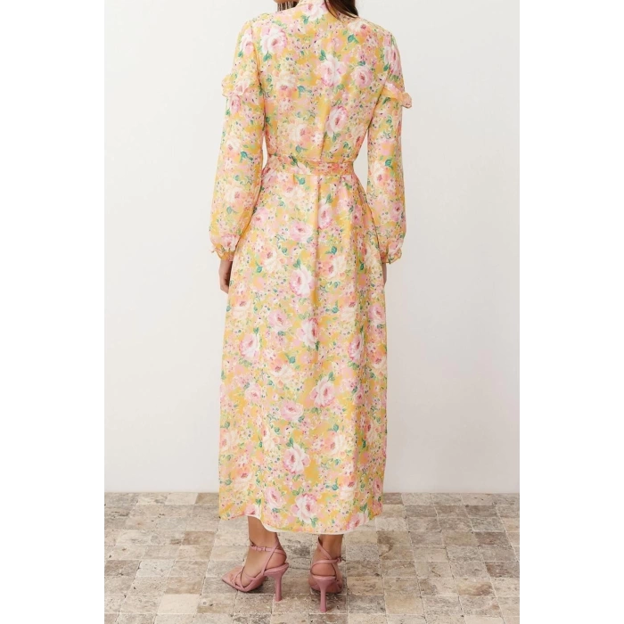 Fashion Regular Casual Daily Chiffon Woven Stand Collar Long Sleeve Skirt Ruffle Maxi Length Hijab Dress