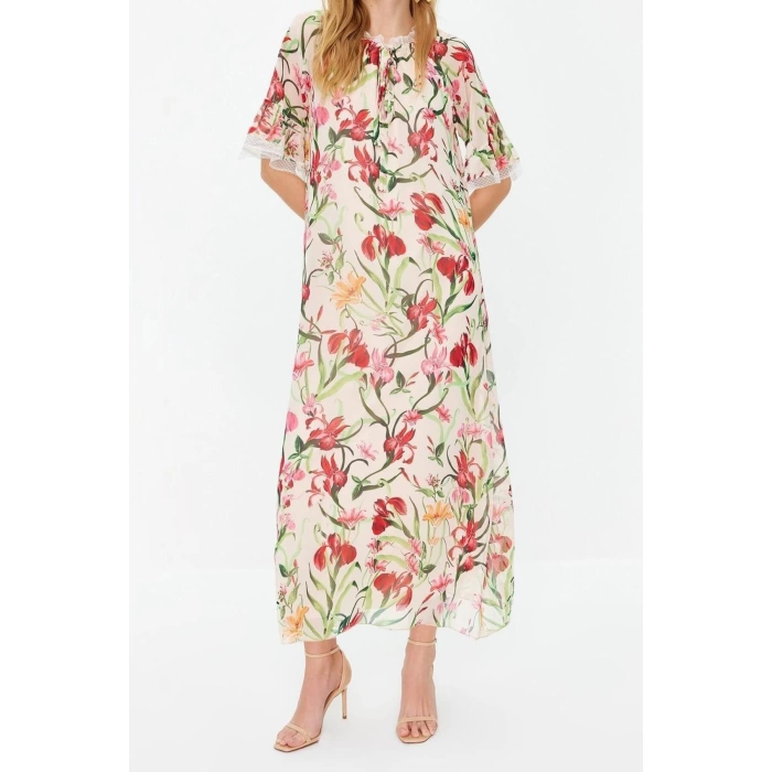 Fashion Comfortable Casual Daily Chiffon Woven Crew Neck Three Quarter Sleeve A-Line Maxi Length Hijab Dress