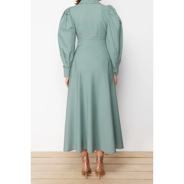 Fashion Regular Casual Daily Poplin Woven Shirt Collar Long Sleeve A-Line Maxi Length Hijab Dress