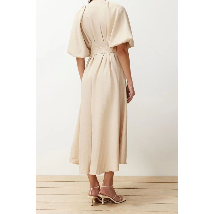 Moda Regular Daily Linen Look Woven V Neck Three Quarter Sleeve A-Line Maxi Length Hijab Dress