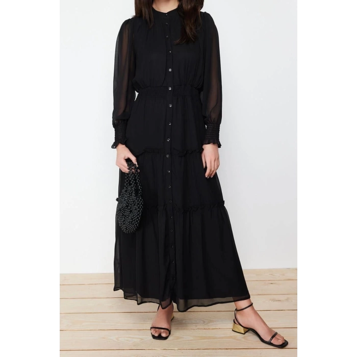 Moda Regular Daily Chiffon Woven Crew Neck Long Sleeve Skirt Ruffle Maxi Length Hijab Dress