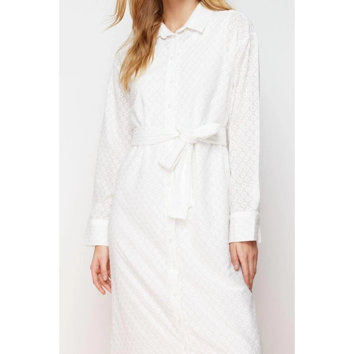 Fashion Regular Casual Daily Embroidered Woven Shirt Collar Long Sleeve Shirt Dress Maxi Length Hijab Dress