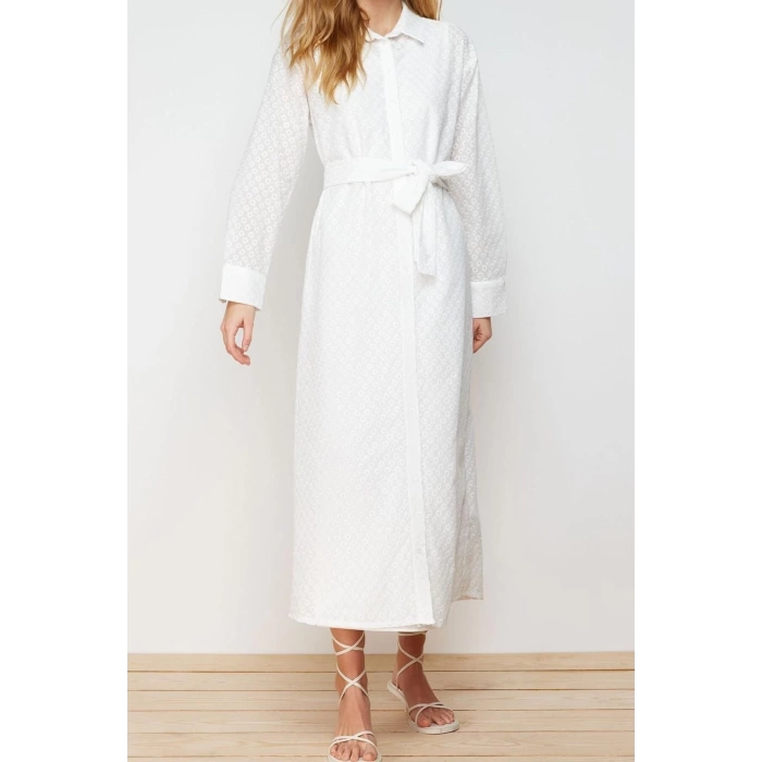 Fashion Regular Casual Daily Embroidered Woven Shirt Collar Long Sleeve Shirt Dress Maxi Length Hijab Dress
