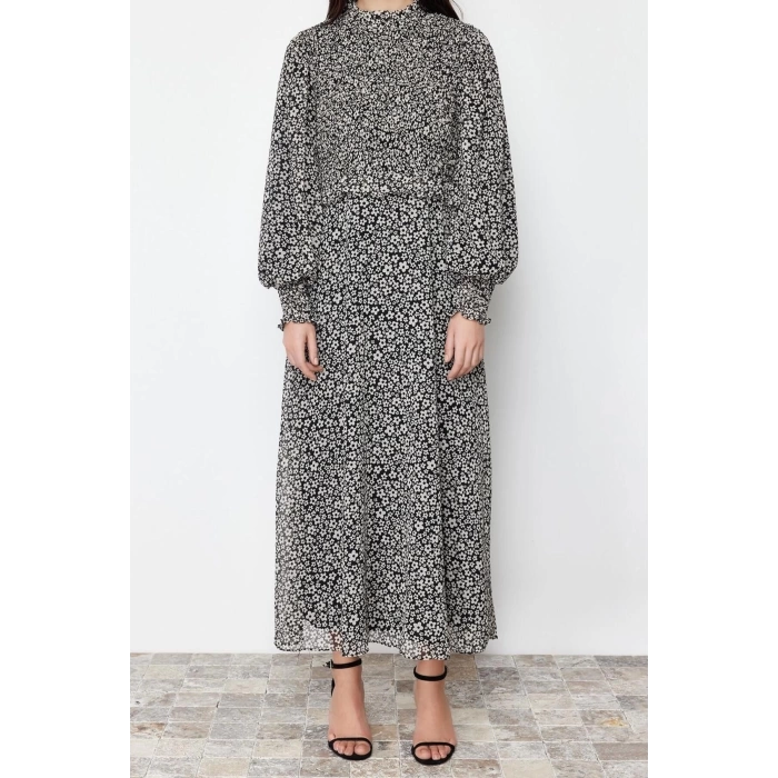 Fashion Regular Casual Daily Chiffon Woven Stand Collar Long Sleeve A-Line Maxi Length Hijab Dress