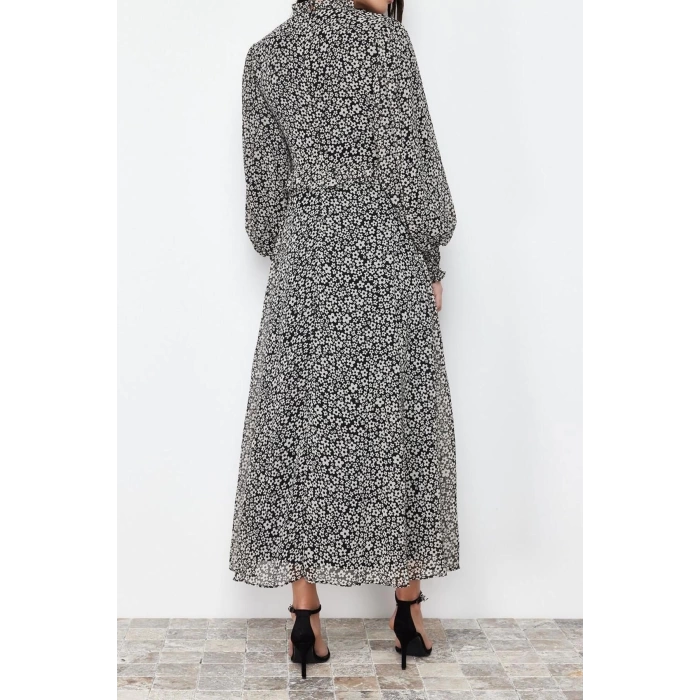 Fashion Regular Casual Daily Chiffon Woven Stand Collar Long Sleeve A-Line Maxi Length Hijab Dress