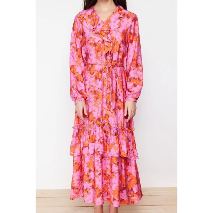 Moda Regular Casual Daily Lilyum Woven V Neck Long Sleeve Skirt Ruffle Maxi Length Hijab Dress