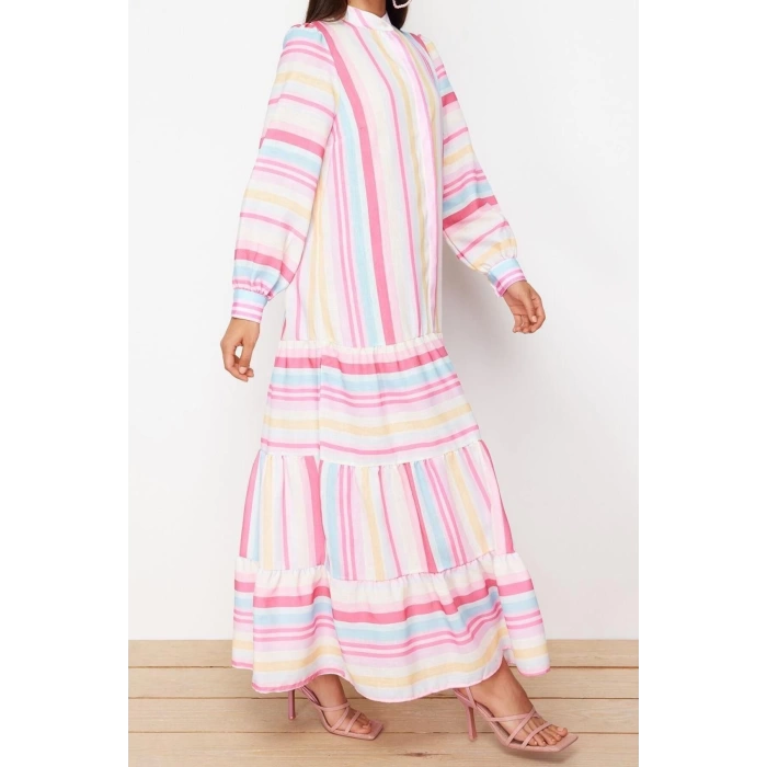 Moda Regular Linen Look Woven Judge Collar Long Sleeve Skirt Ruffle Maxi Length Hijab Dress