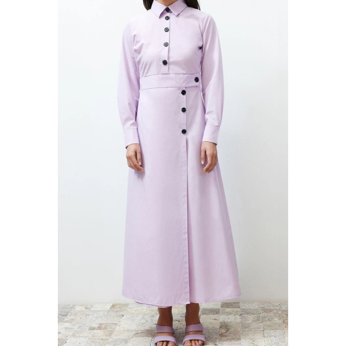Fashion Regular Casual Daily Poplin Woven Shirt Collar Long Sleeve A-Line Long Length Hijab Dress