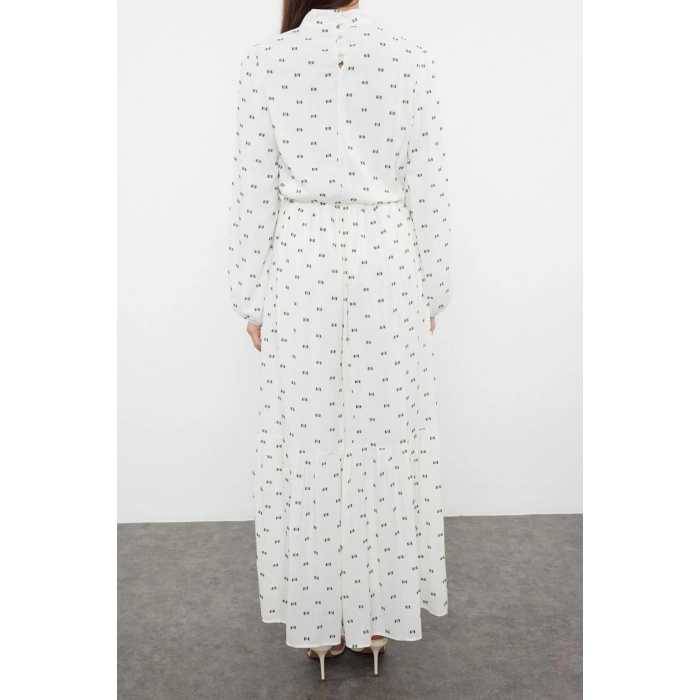 Fashion Regular Casual Daily Chiffon Woven Stand Collar Long Sleeve Skirt Ruffle Maxi Length Hijab Dress