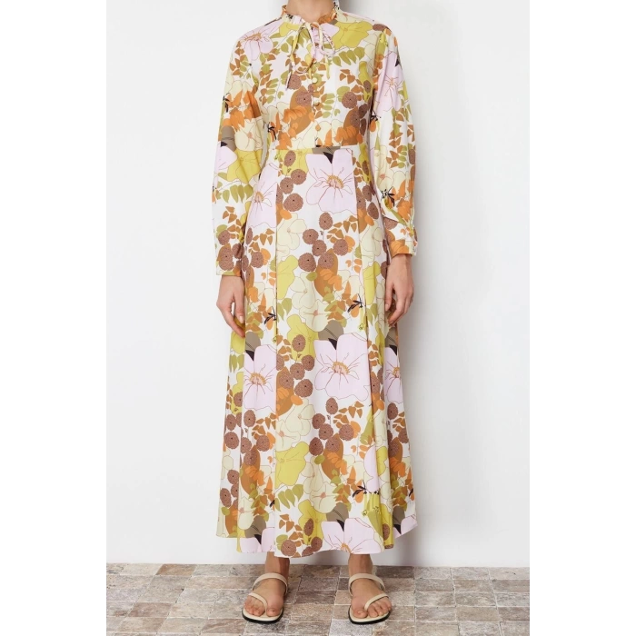 Fashion Regular Casual Daily Poplin Woven Stand Collar Long Sleeve A-Line Maxi Length Hijab Dress