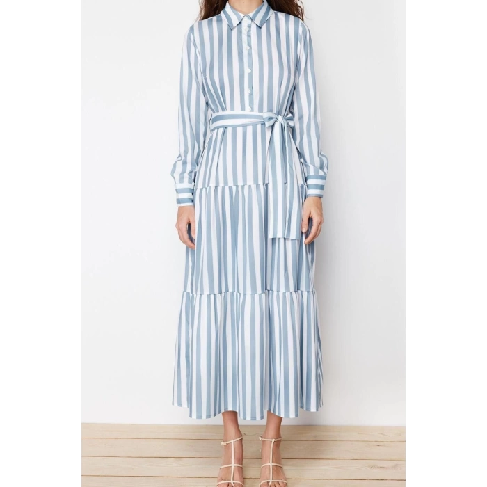 Fashion Regular Daily Poplin Woven Shirt Collar Long Sleeve Skirt Ruffle Maxi Length Hijab Dress