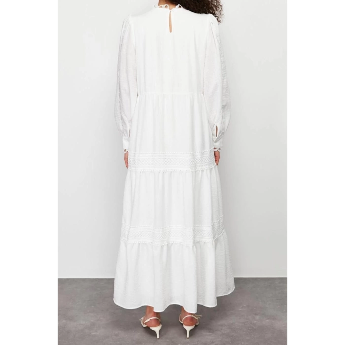 Fashion Stylish Evening Dress Night Linen Look Woven Stand Collar Long Sleeve Ruffle Skirt Maxi Length Hijab Dress